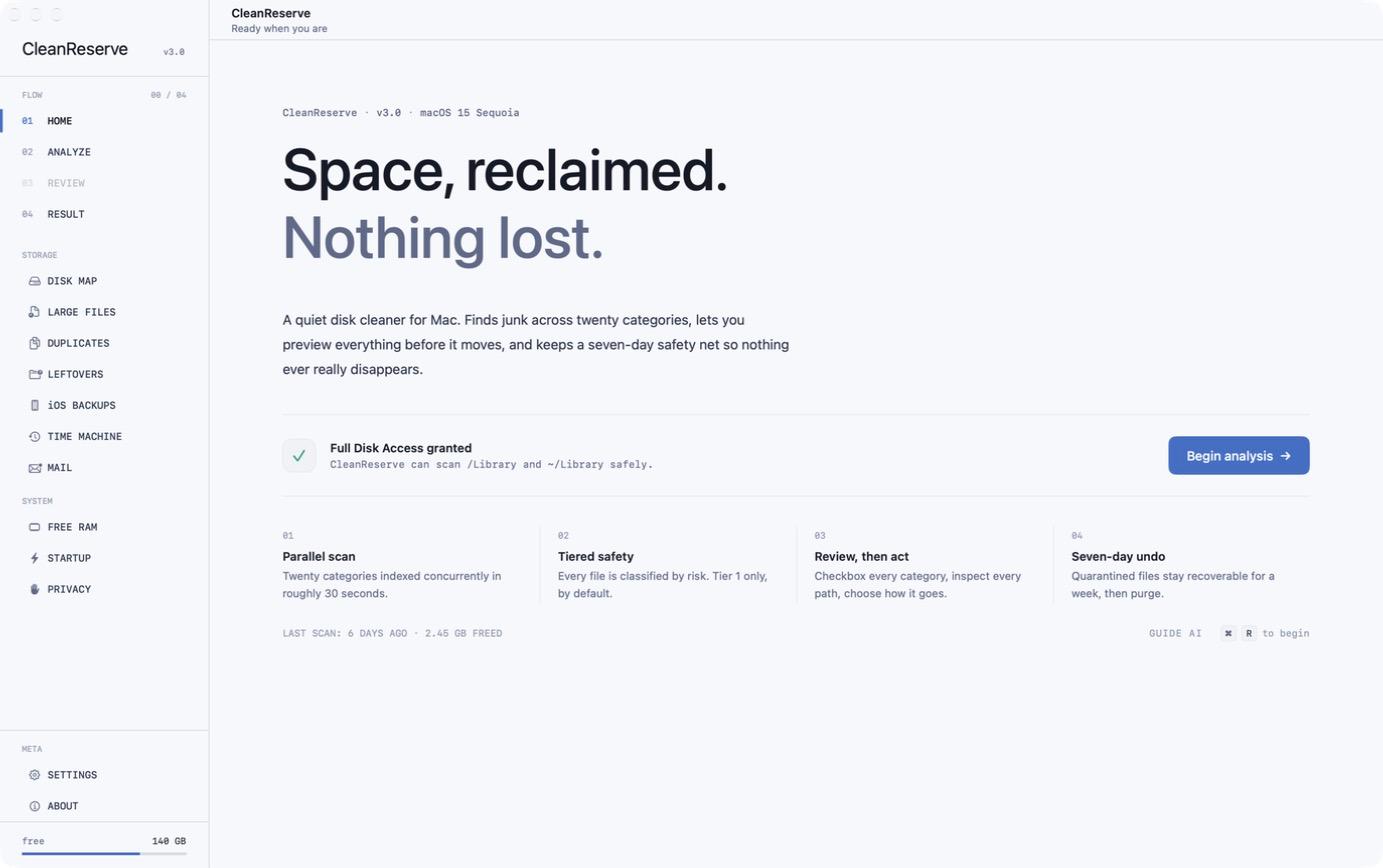 CleanReserve home screen: Space, reclaimed. Nothing lost.